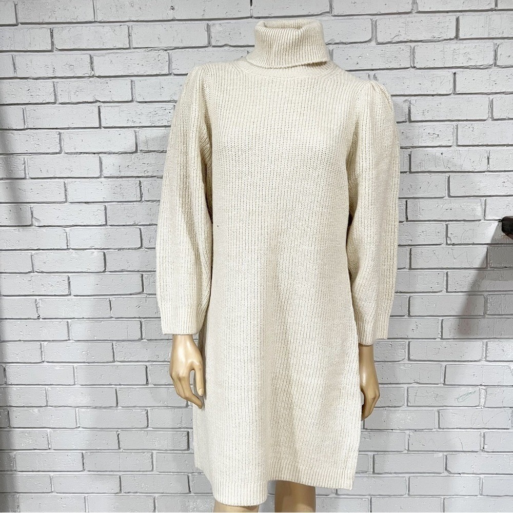 J.Crew Ivory Puff Sleeve Turtleneck Sweater Dress Quiet Luxury Preppy L NWT